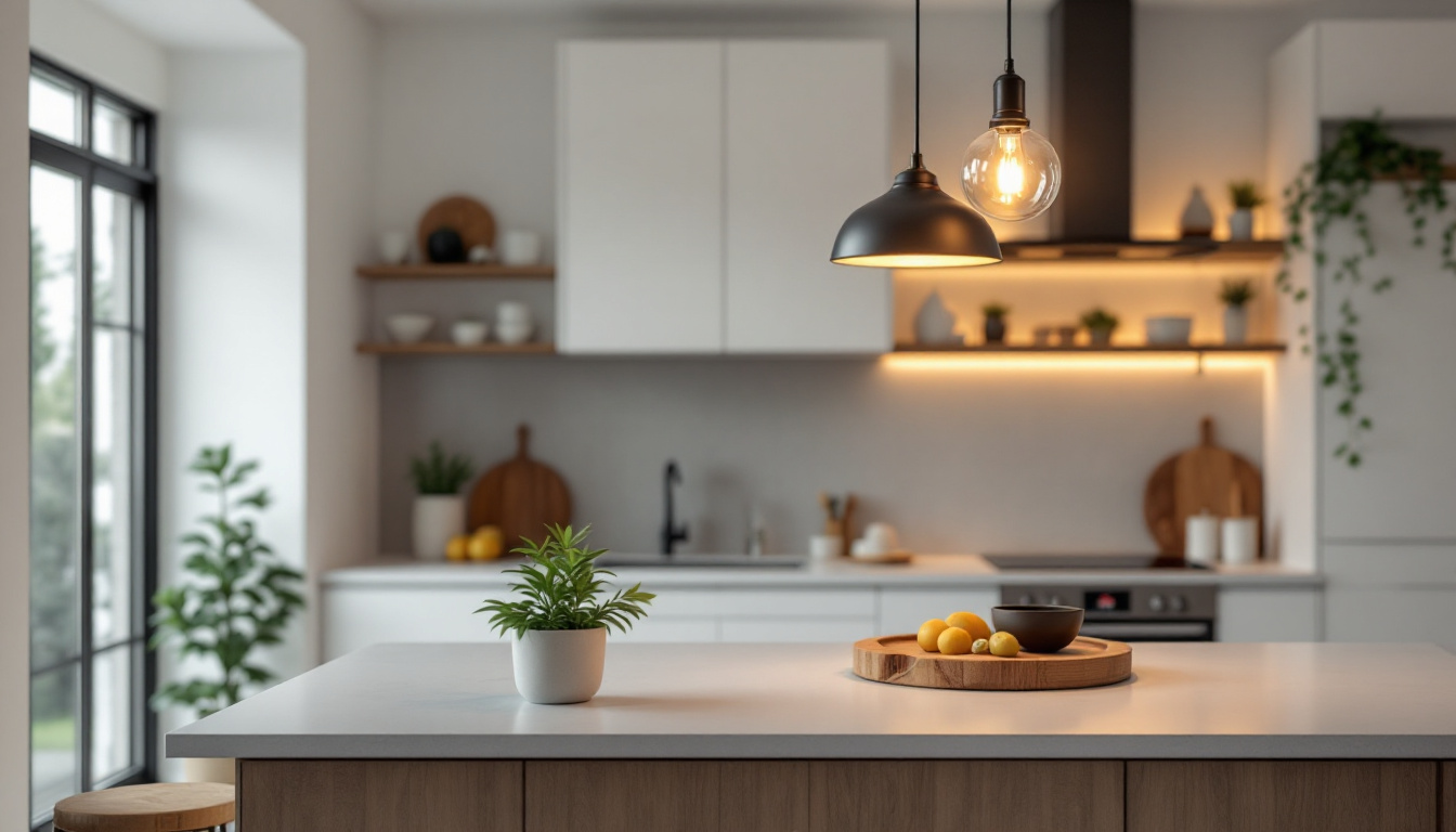 A photograph of a beautifully designed pendant kitchen light hanging over a stylish kitchen island