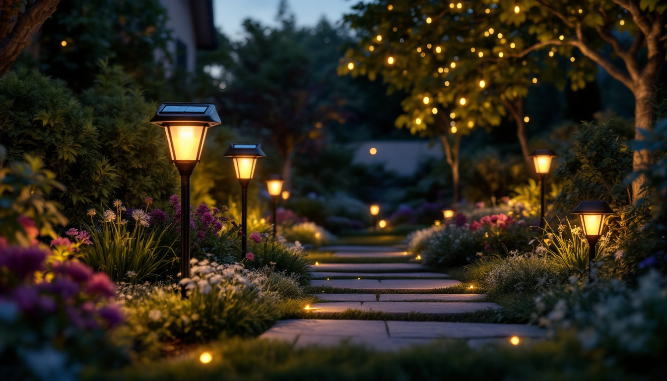 A photograph of a beautifully illuminated garden at dusk
