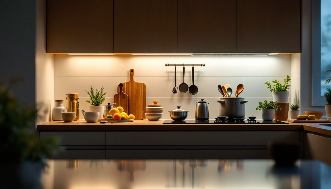 A photograph of a beautifully lit kitchen scene showcasing under-cabinet lighting illuminating countertops and highlighting kitchenware