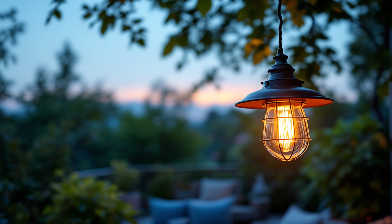 A photograph of capture a photograph of a beautifully designed hanging patio lamp illuminated at dusk