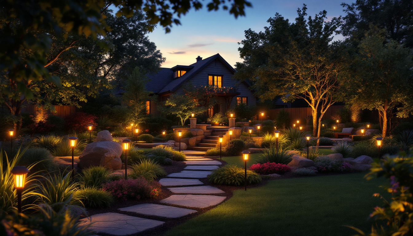 A photograph of a beautifully landscaped yard at dusk