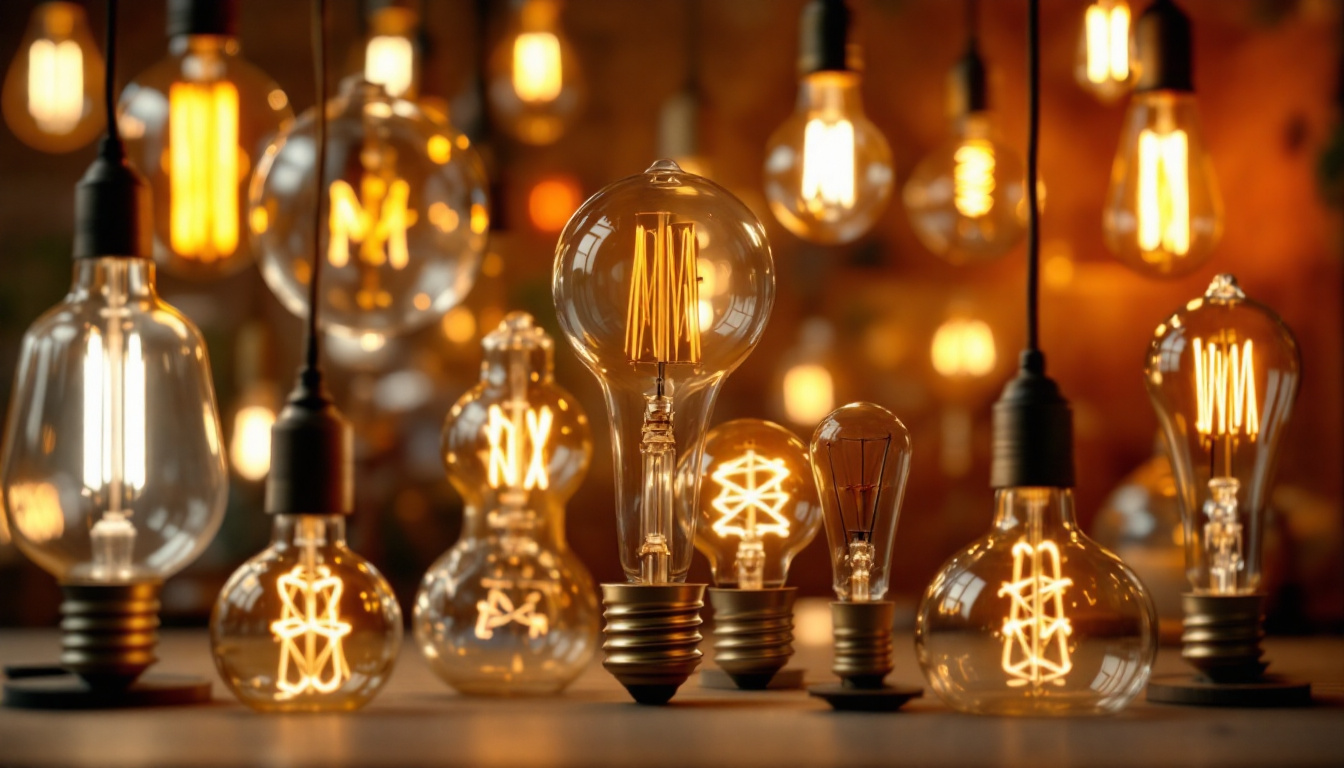 A photograph of a beautifully arranged display of vintage light bulbs in various shapes and sizes