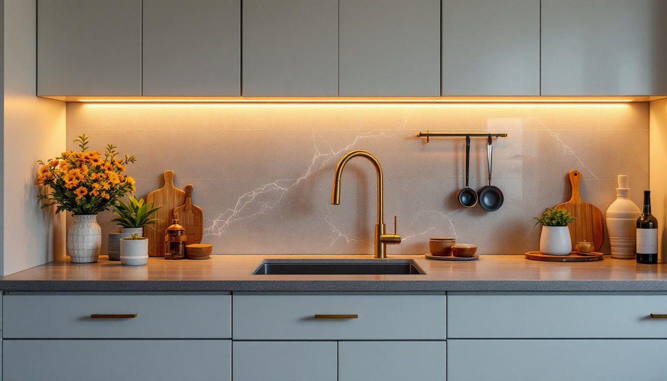 A photograph of a beautifully designed kitchen showcasing elegant undercabinet lighting that highlights the countertops and adds warmth to the space