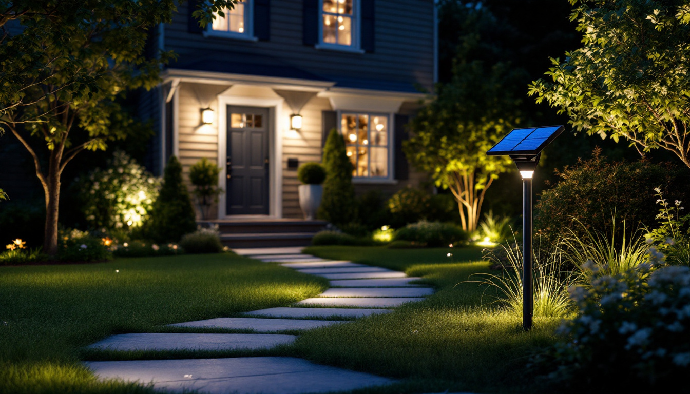 A photograph of a beautifully illuminated outdoor setting featuring solar security lights in action