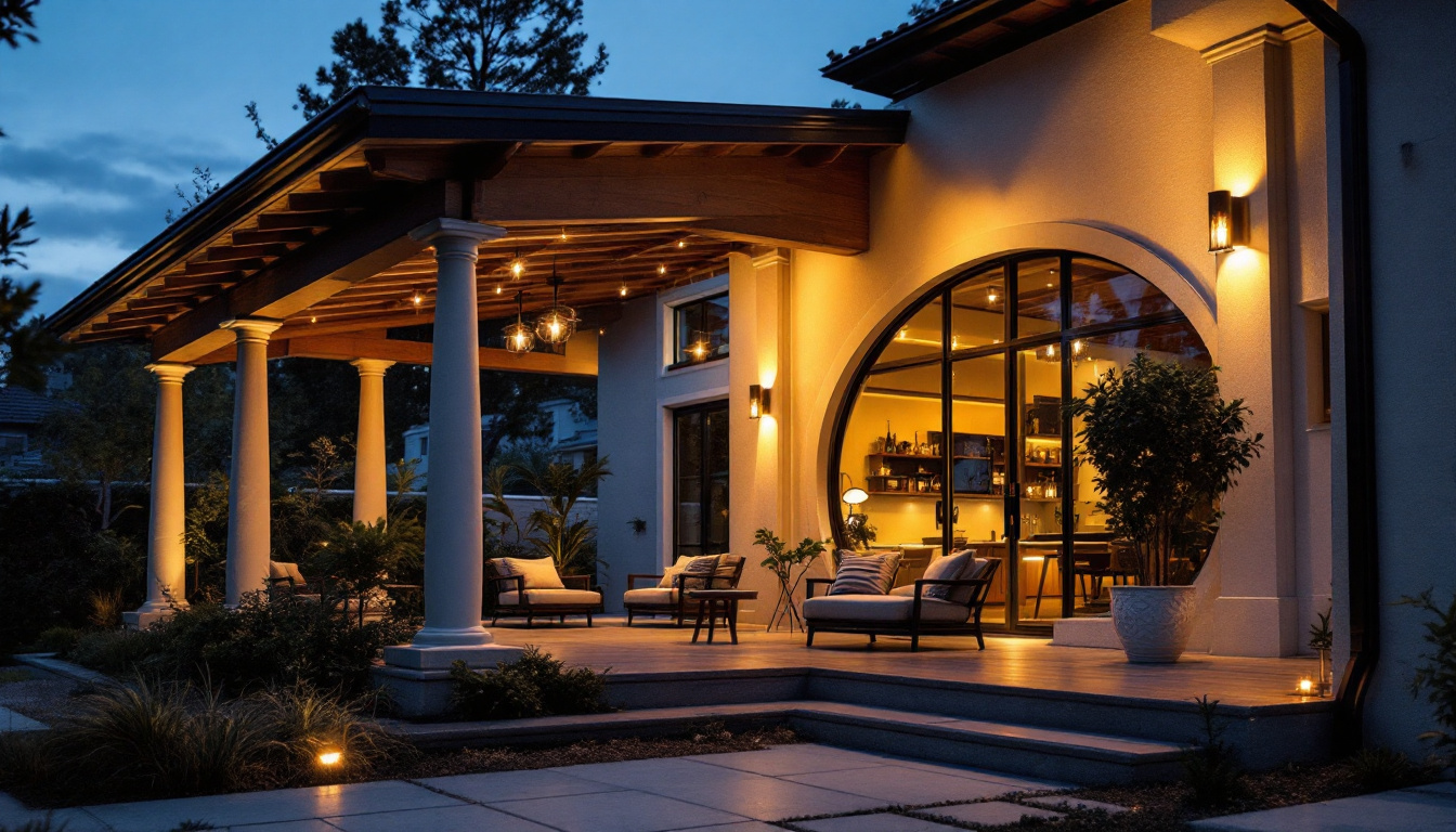 A photograph of a beautifully designed exterior porch with stylish ceiling lights illuminating the space at dusk