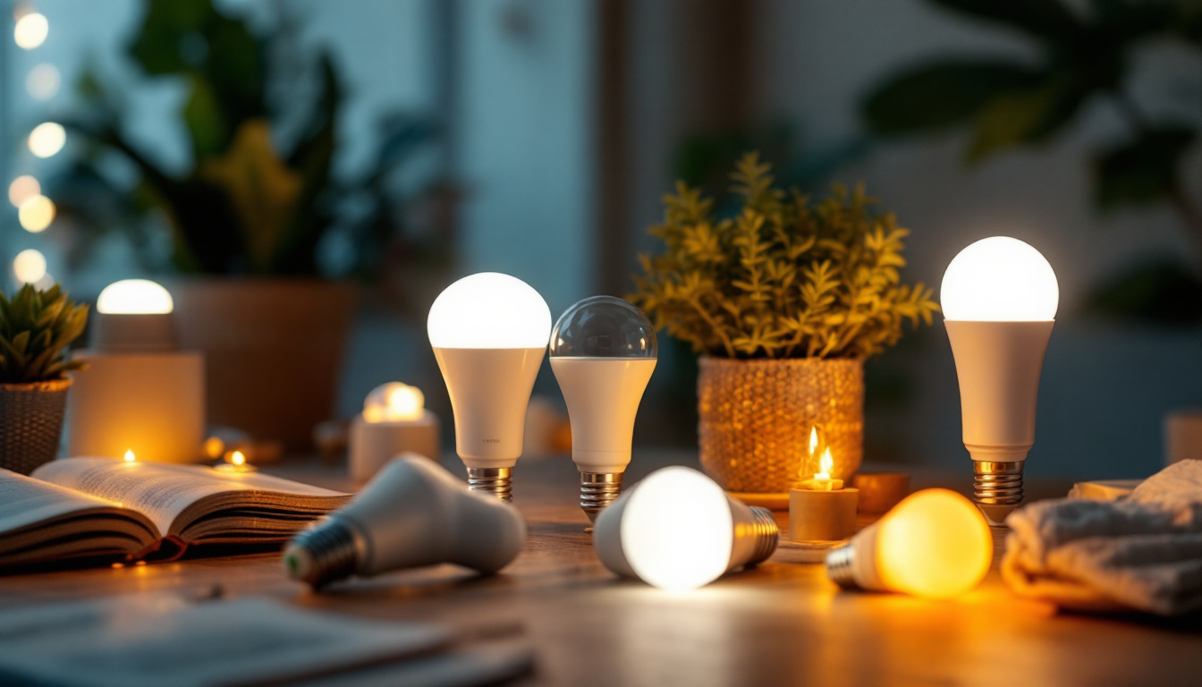 A photograph of a stylishly arranged setting featuring various led pot light bulbs in different designs and brightness levels