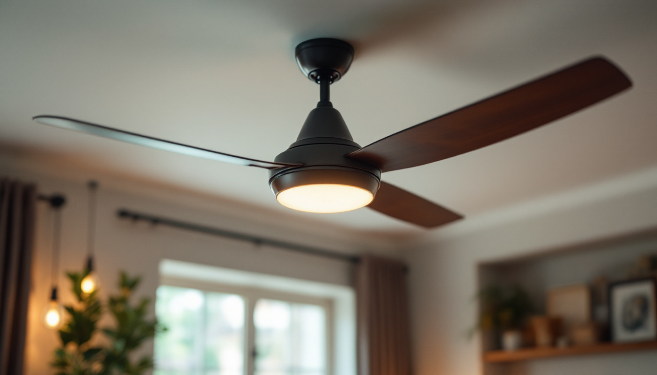 A photograph of a stylish ceiling fan in a well-lit living space