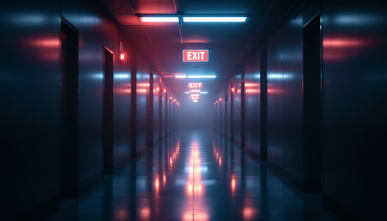 A photograph of a dimly lit corridor featuring illuminated exit signs and strategically placed emergency lights