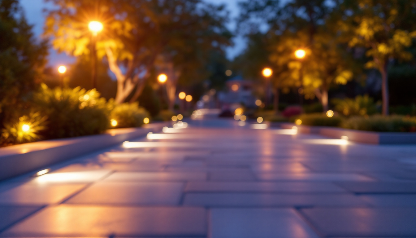 A photograph of a beautifully illuminated outdoor space featuring flood lights