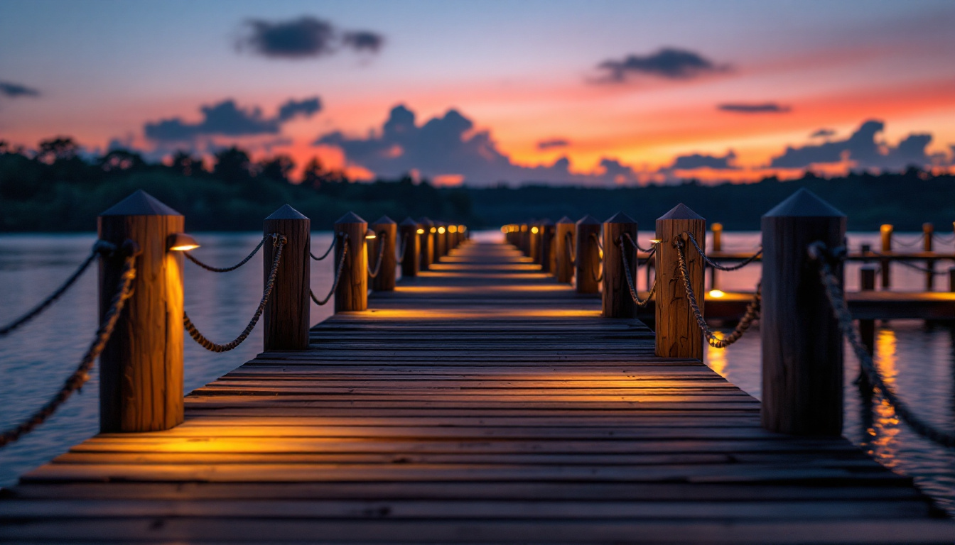 A photograph of a serene dock scene at twilight