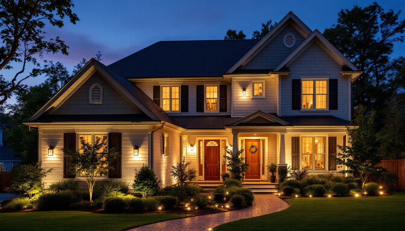 A photograph of a beautifully illuminated exterior of a house at dusk