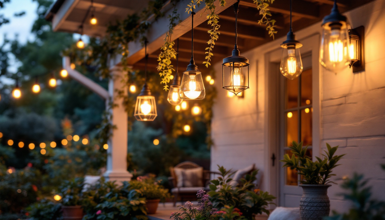 A photograph of a beautifully styled outdoor porch featuring a variety of hanging light fixtures in different designs and materials