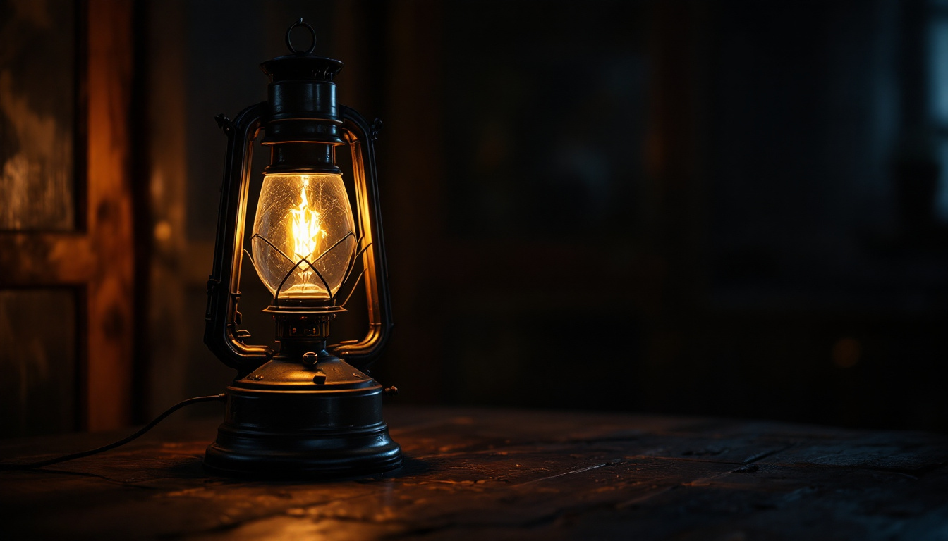 A photograph of a vintage oil lamp casting a warm glow in a darkened room