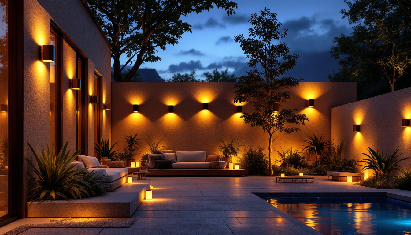 A photograph of a beautifully illuminated outdoor space featuring a variety of stylish wall lights