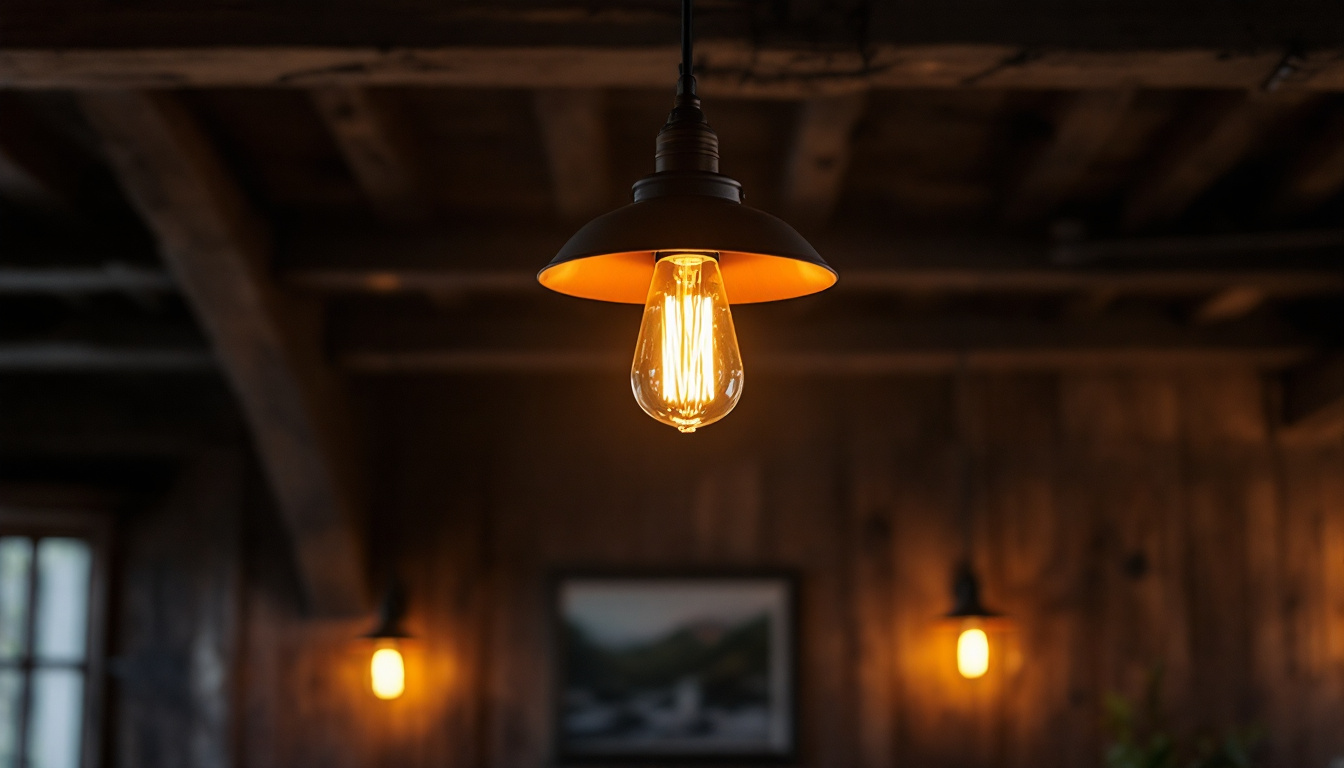 A photograph of a beautifully designed barn-style light fixture in a rustic setting