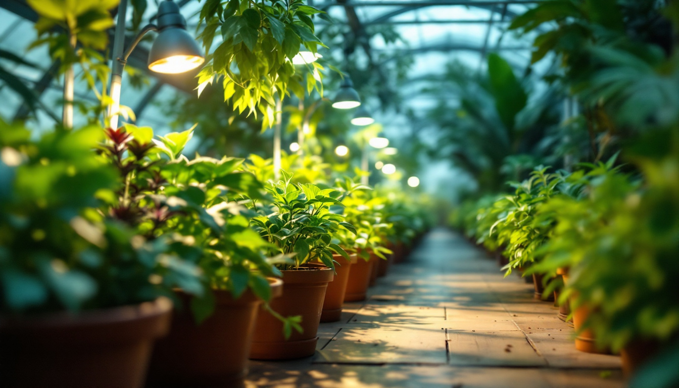 A photograph of a well-lit greenhouse interior showcasing a variety of plants thriving under different types of artificial lighting