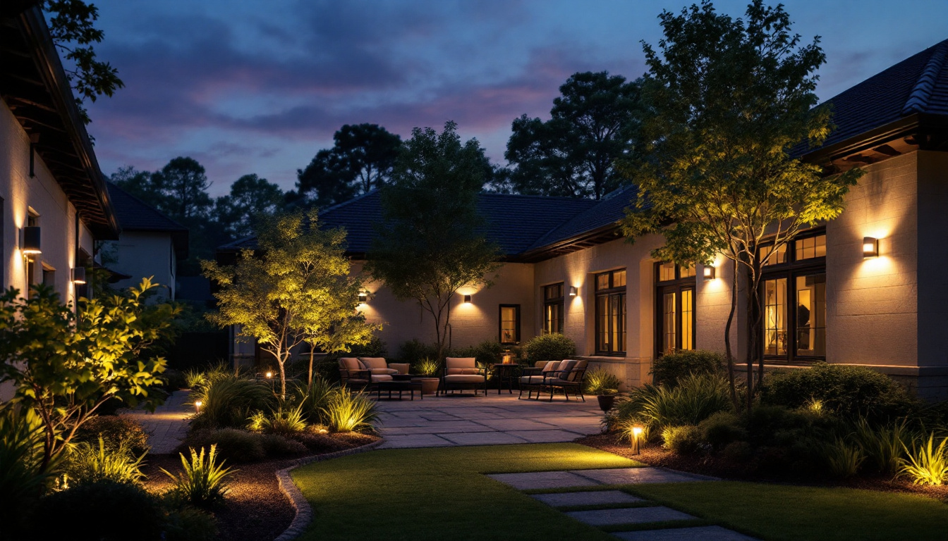 A photograph of a beautifully illuminated outdoor space featuring led flood lights highlighting architectural features
