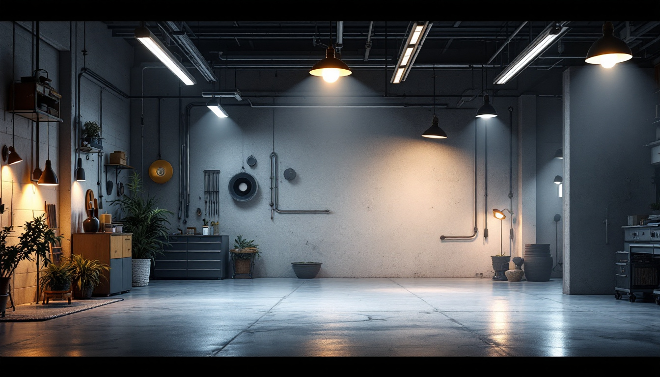 A photograph of a well-lit garage interior showcasing various types of lighting fixtures in use