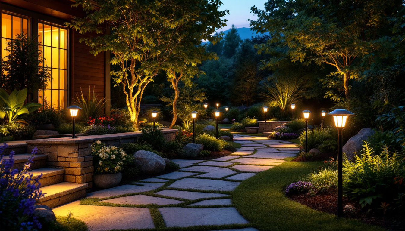 A photograph of a beautifully landscaped outdoor setting at dusk