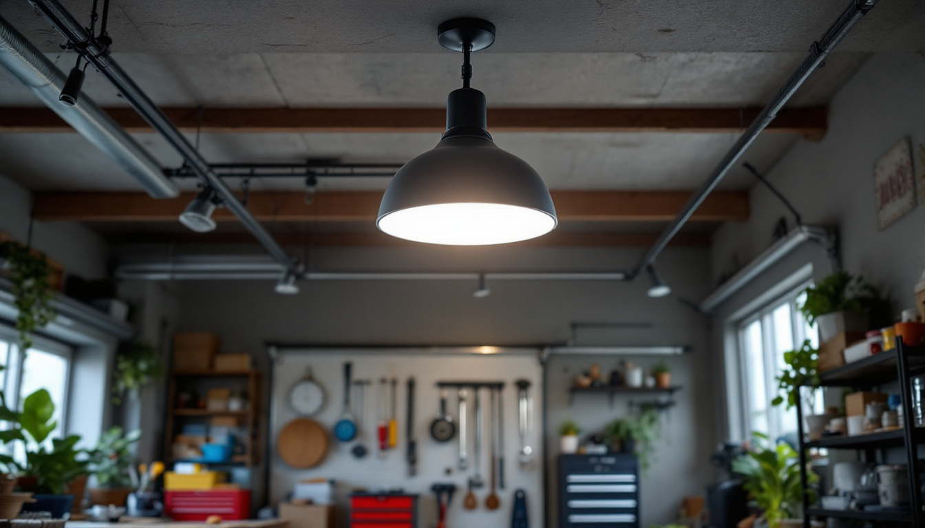 A photograph of a well-lit garage showcasing a stylish ceiling light fixture