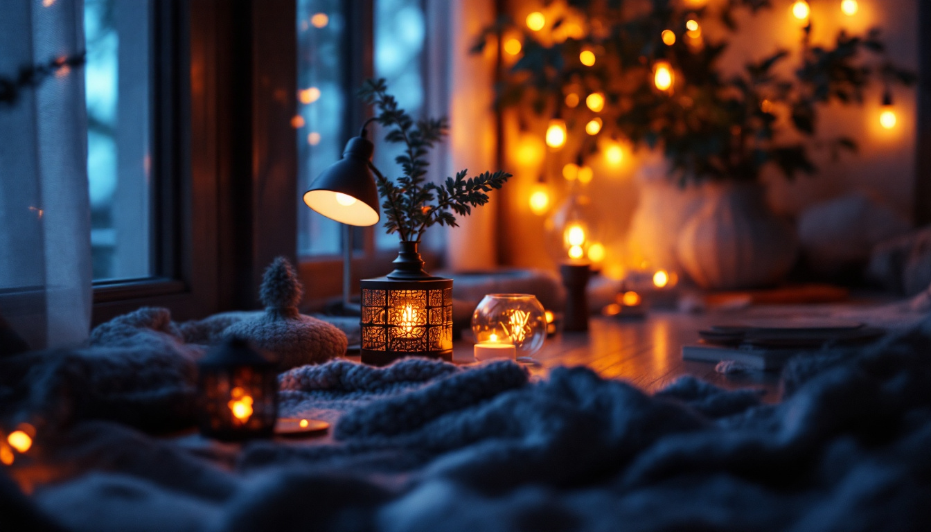 A photograph of a cozy indoor setting softly illuminated by various low wattage lamps