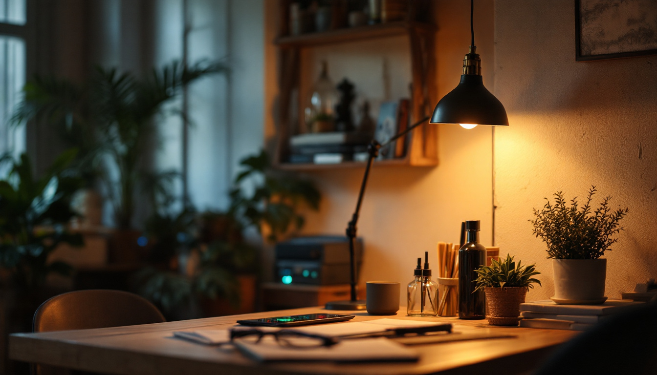 A photograph of a stylishly arranged 4-foot shop light illuminating a workspace