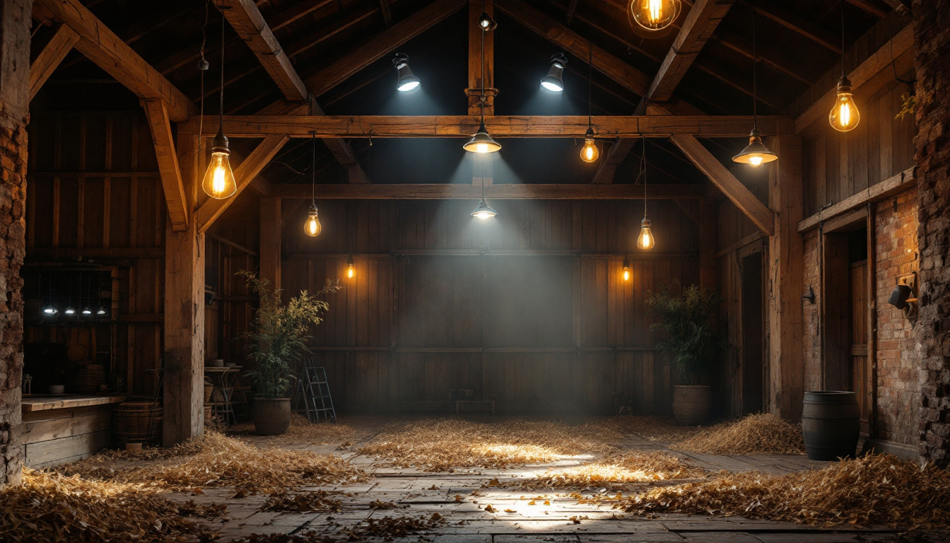 A photograph of a well-lit barn interior showcasing various types of lighting fixtures