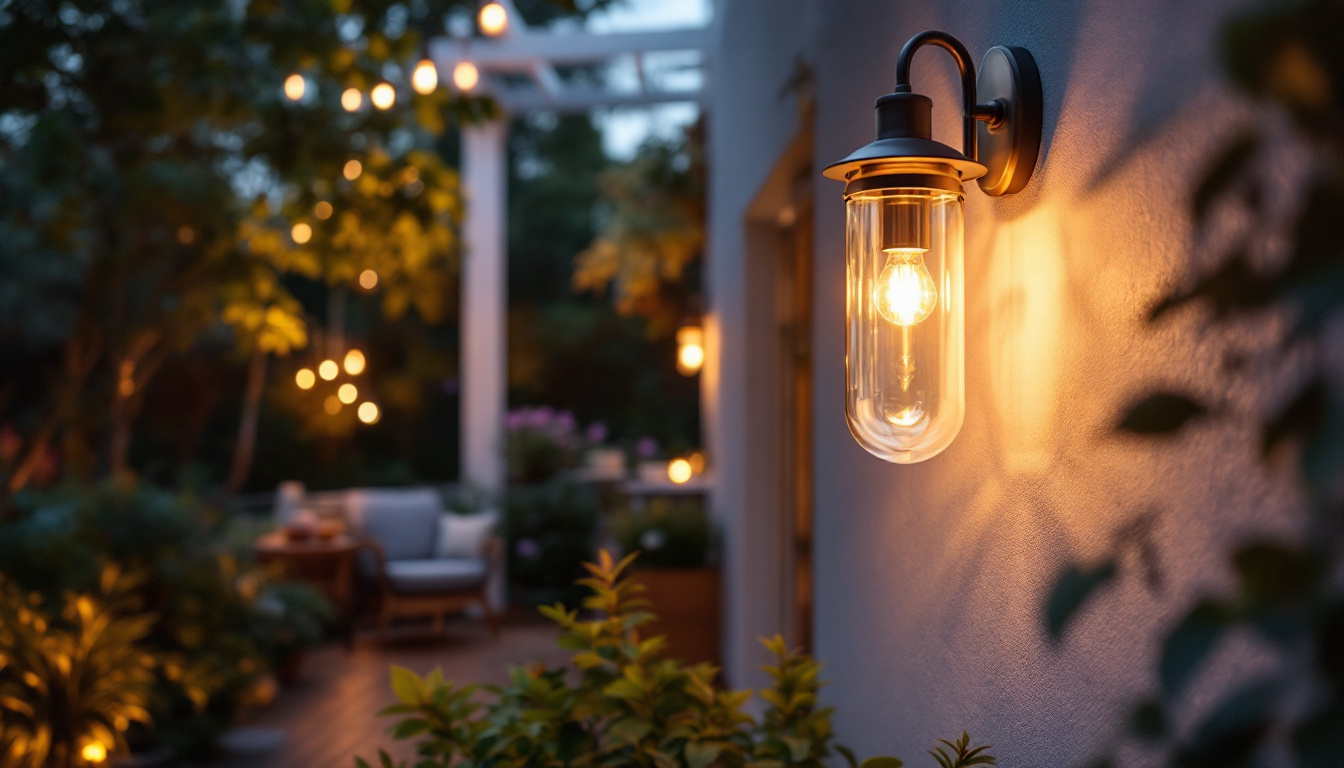 A photograph of a beautifully designed outdoor porch light illuminating a cozy porch setting at dusk