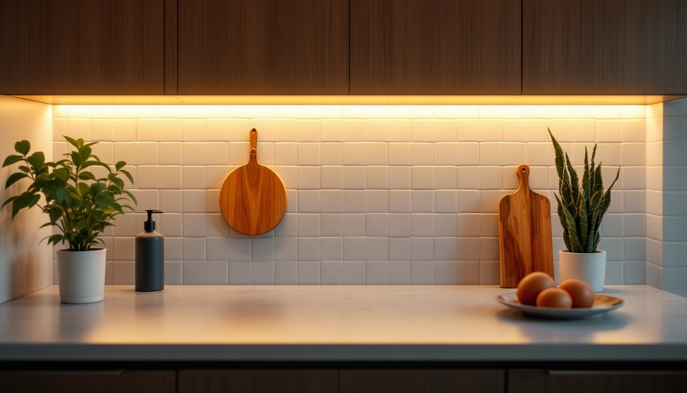 A photograph of capture a photograph of a beautifully designed kitchen featuring well-placed under cabinet lighting that highlights the countertops and creates a warm