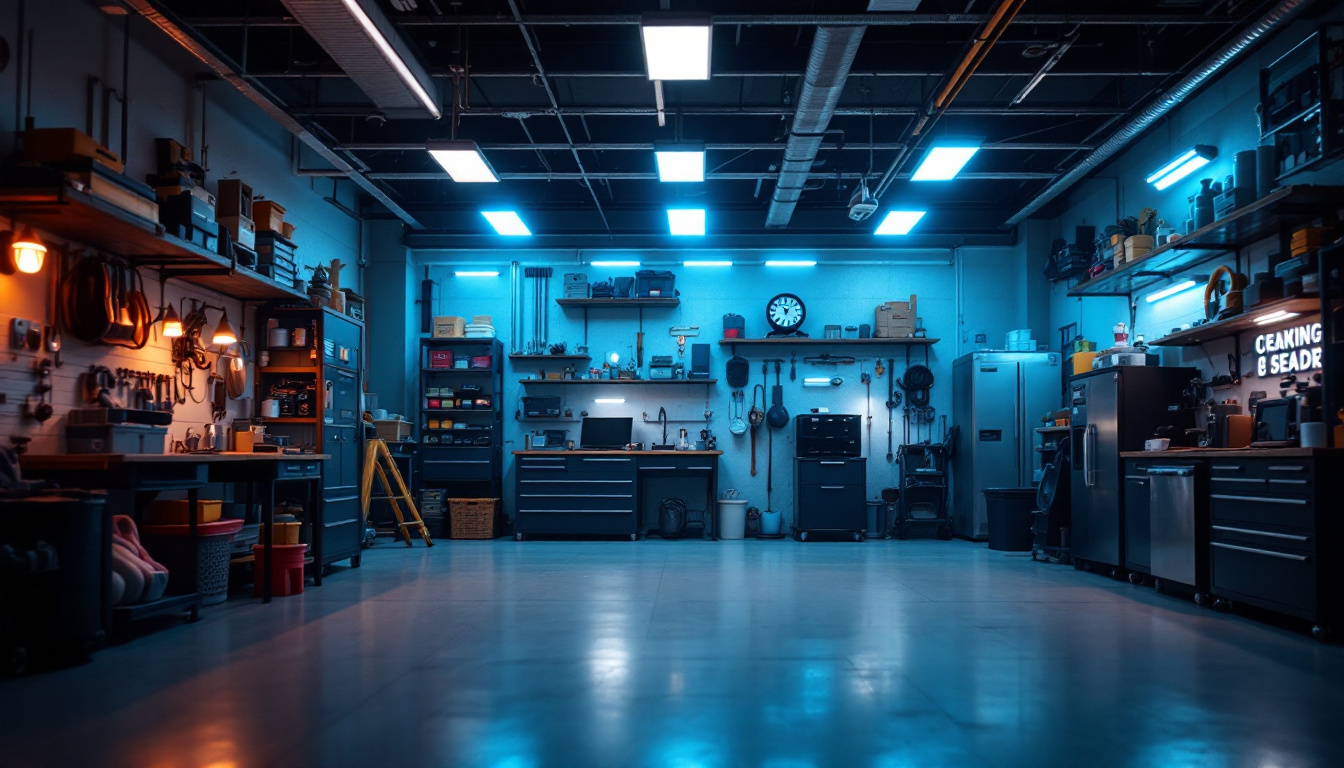 A photograph of a well-lit garage featuring an array of led lights in various configurations