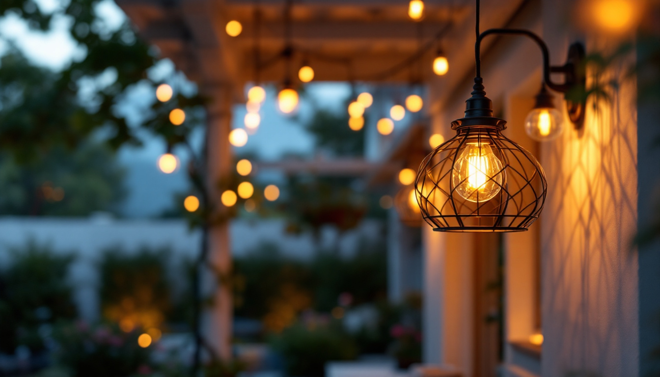 A photograph of a beautifully designed exterior hanging pendant light illuminating a charming outdoor space