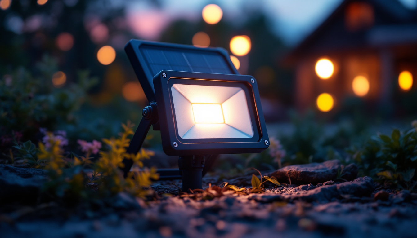A photograph of a solar flood lamp illuminating a vibrant outdoor scene at dusk