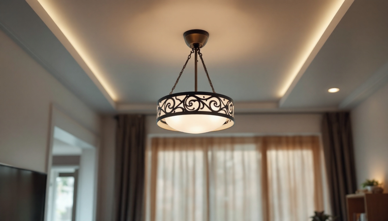 A photograph of a beautifully designed ceiling lamp in a well-lit room