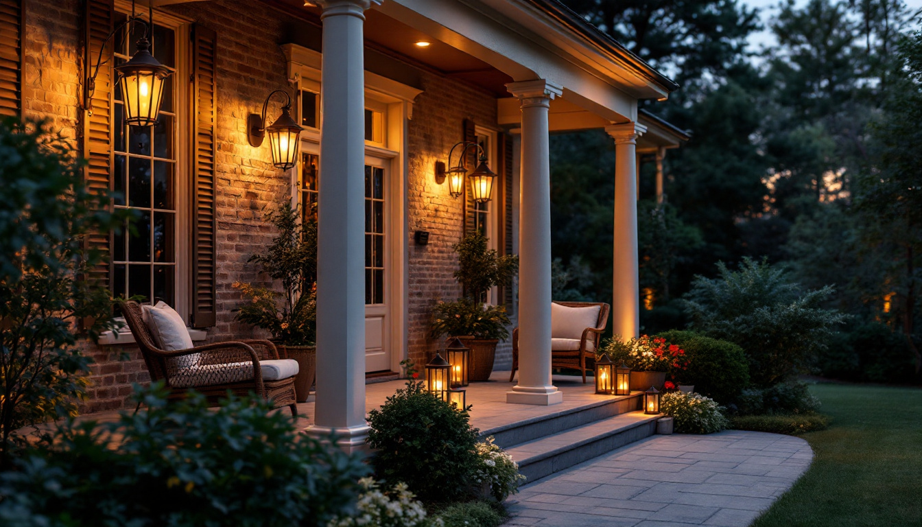 A photograph of a beautifully styled porch featuring a variety of elegant lamps illuminated at dusk