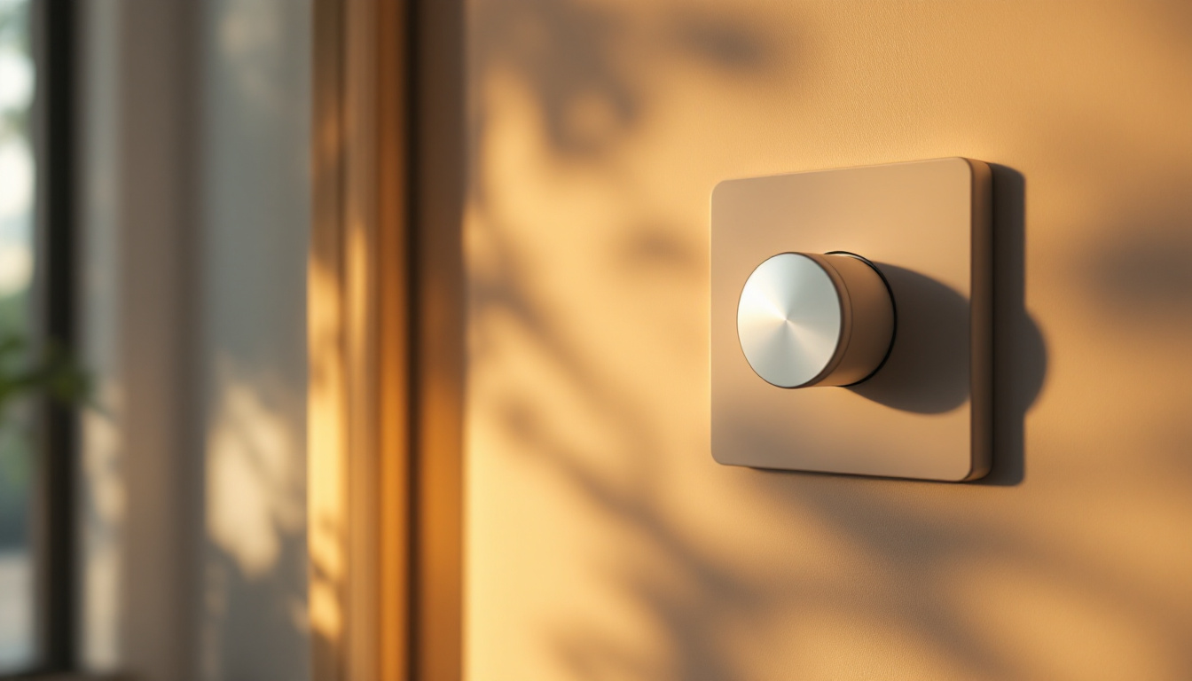 A photograph of a well-lit room featuring a stylish dimmer switch in action