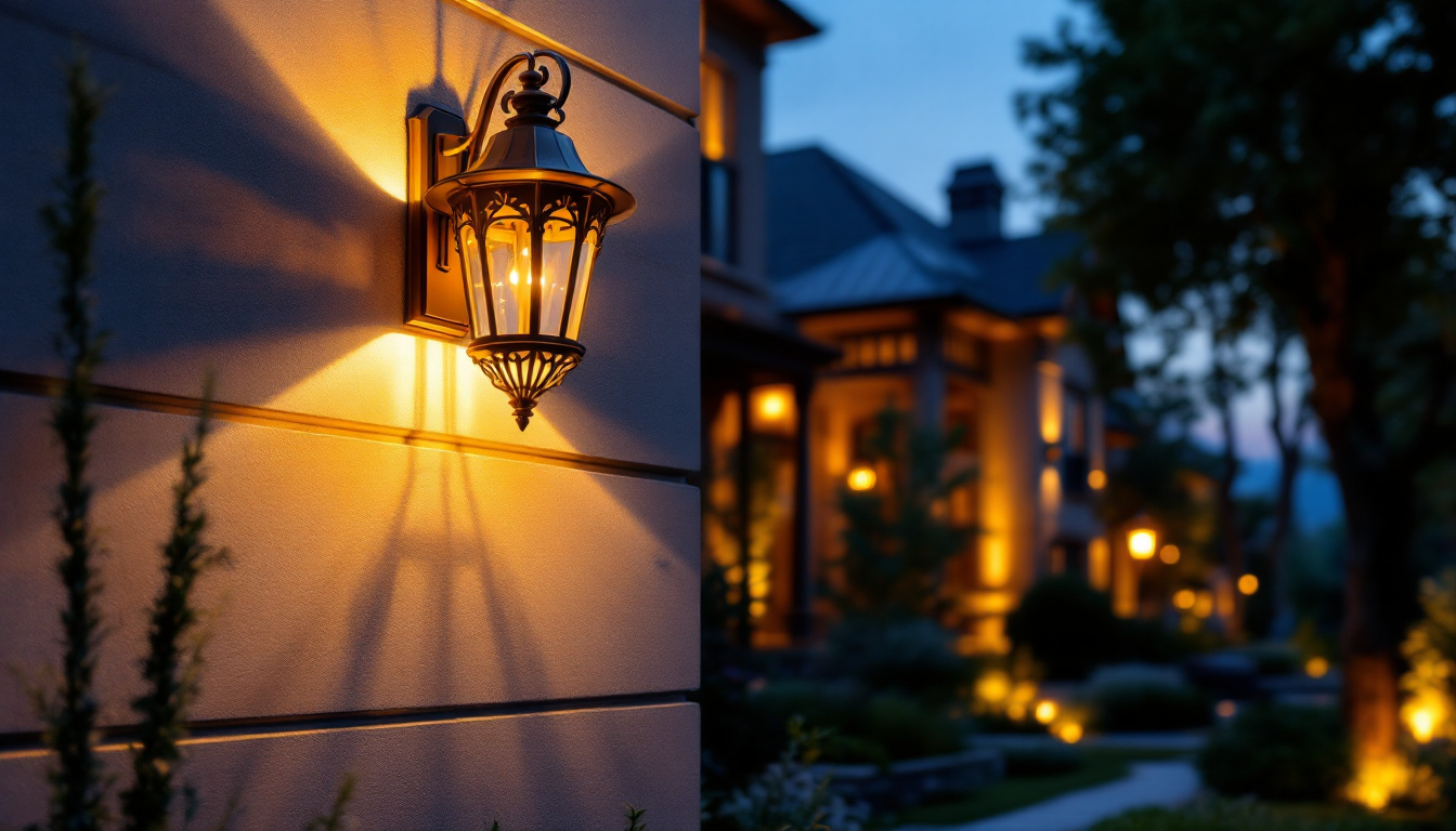 A photograph of a beautifully designed large exterior wall lantern illuminated at dusk
