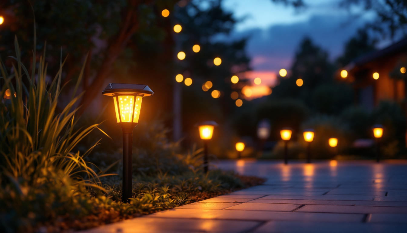 A photograph of a beautifully illuminated outdoor space featuring various solar lights in action