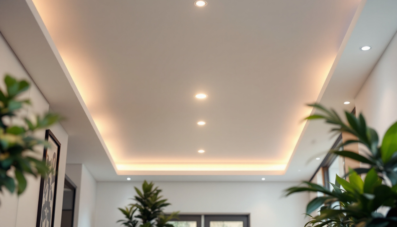 A photograph of capture a photograph of a beautifully designed room showcasing recessed lights in action
