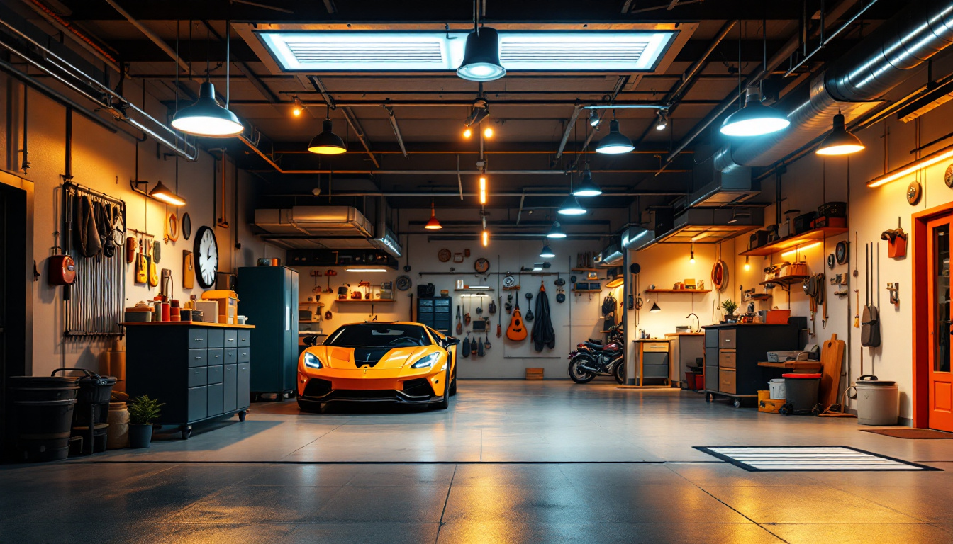 A photograph of a brightly lit garage showcasing various types of garage lighting fixtures