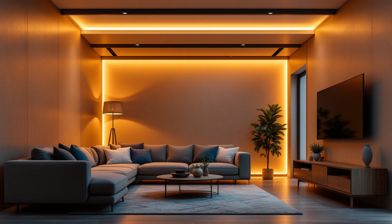 A photograph of a modern interior space featuring recessed strip lighting