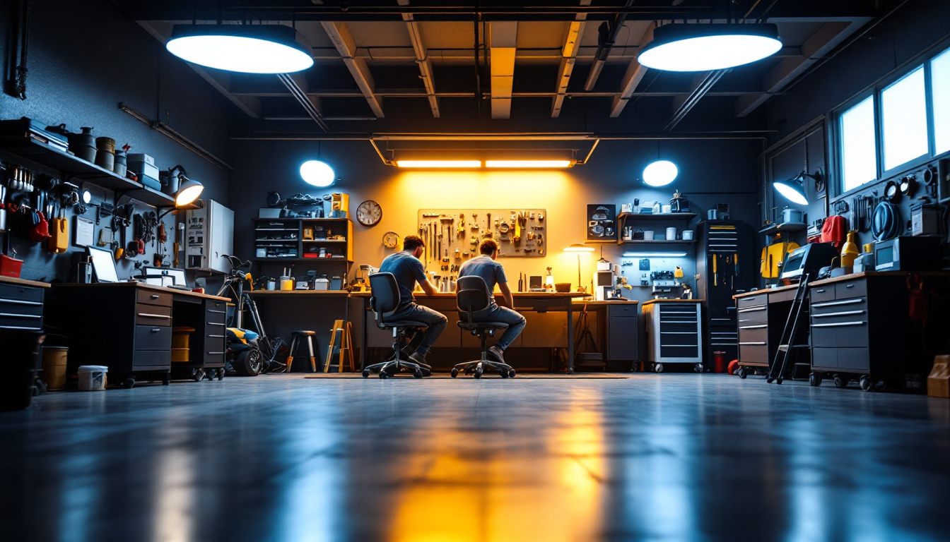 A photograph of a well-lit garage interior showcasing a variety of led garage lamps in use