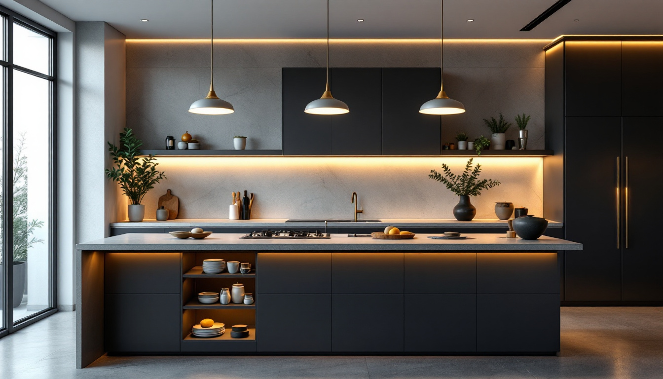 A photograph of a stylish kitchen island with modern light fixtures illuminating the space