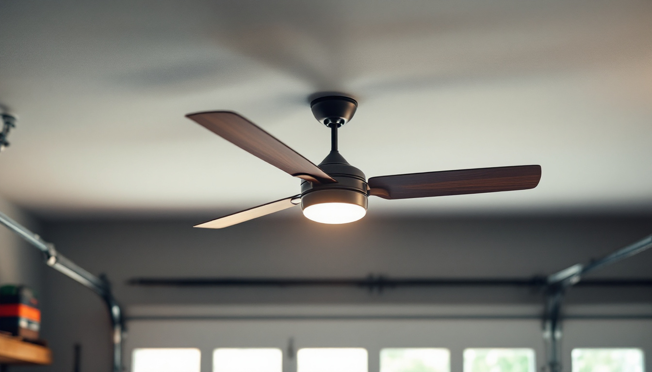 A photograph of a stylish ceiling fan installed in a well-lit garage setting