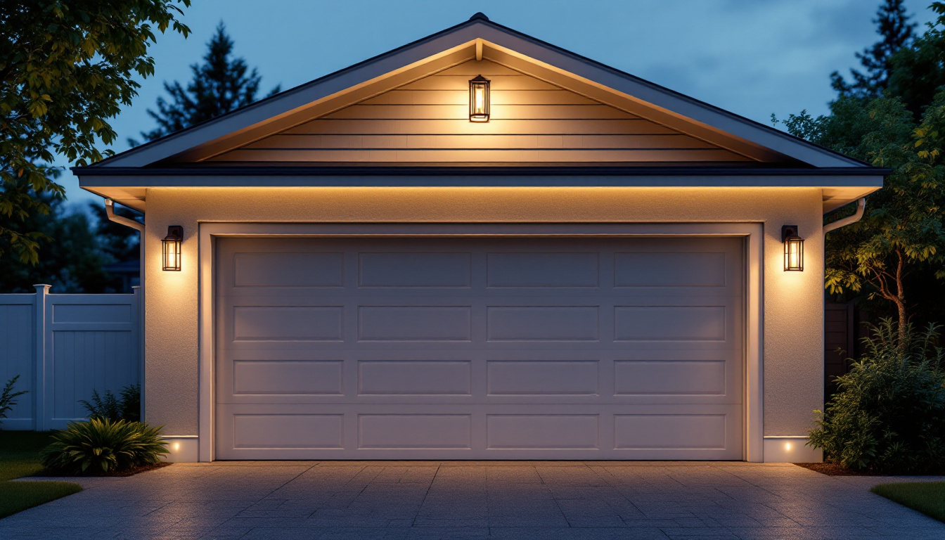 A photograph of a beautifully illuminated garage exterior at dusk