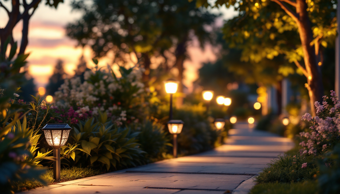 A photograph of a beautifully illuminated walkway at dusk