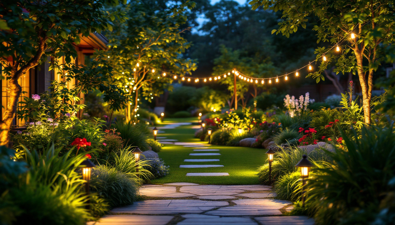 A photograph of a beautifully illuminated garden at dusk