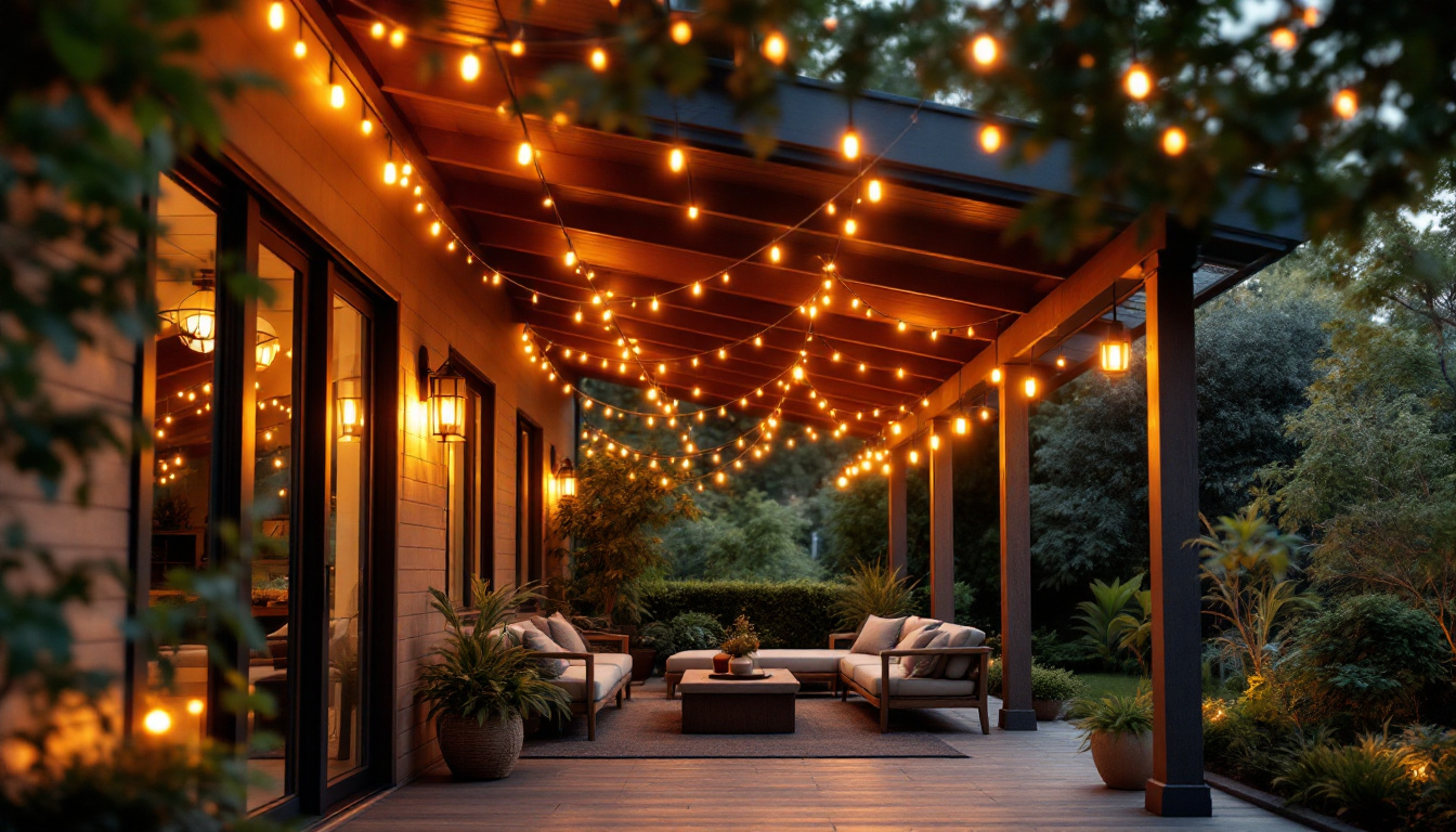 A photograph of a beautifully illuminated outdoor porch featuring stylish ceiling lights