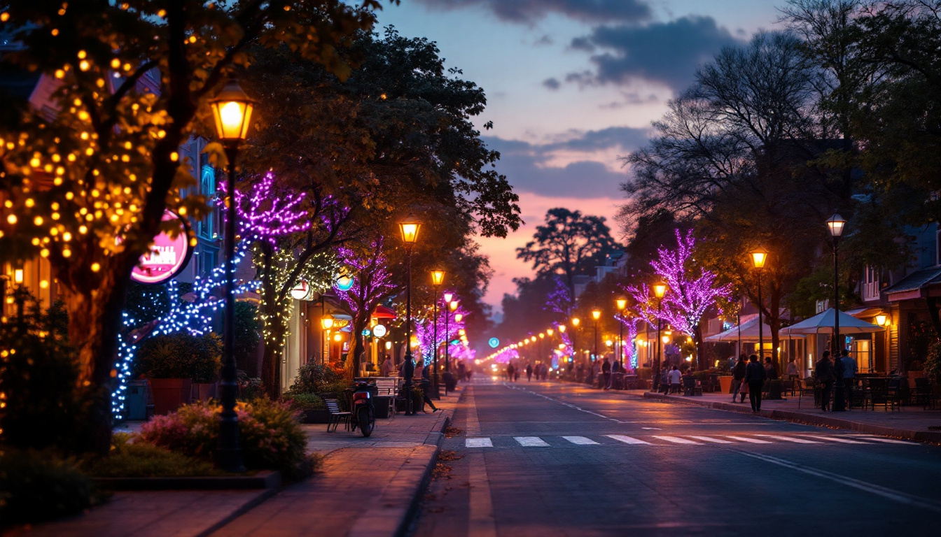 A photograph of a beautifully illuminated street scene at dusk