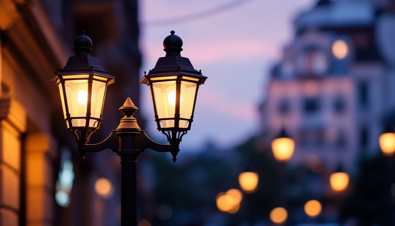 A photograph of a stylish lamp post illuminated at dusk