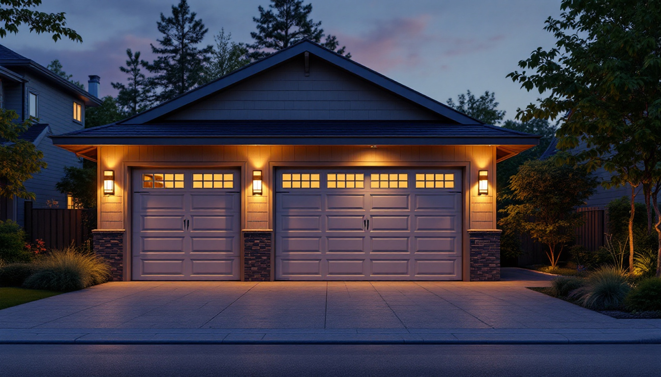 A photograph of a beautifully illuminated garage exterior at dusk